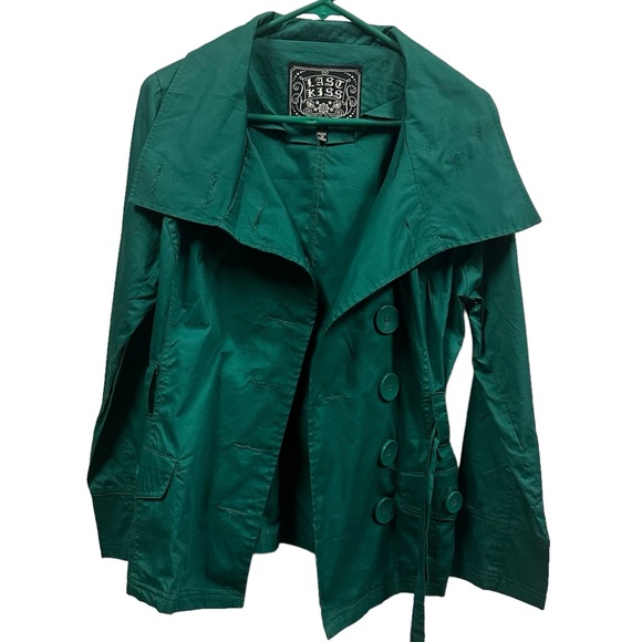 Last Kiss Green Cotton Button Up Double Breasted Belted Lightweight Jacket Large - Picture 8 of 12